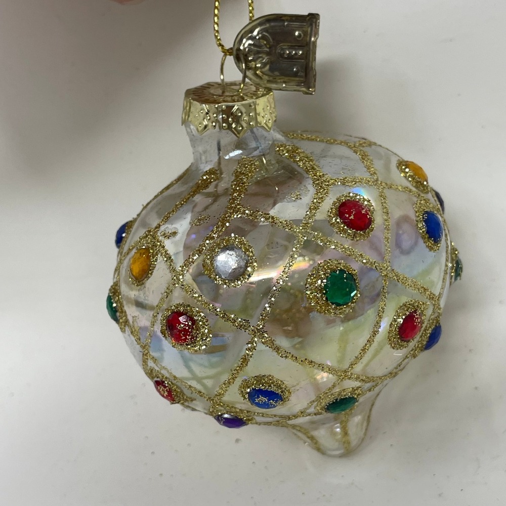 Thomas Pacconi Classics Glass Christmas Ornament Iridescent Gold Glitter Gems